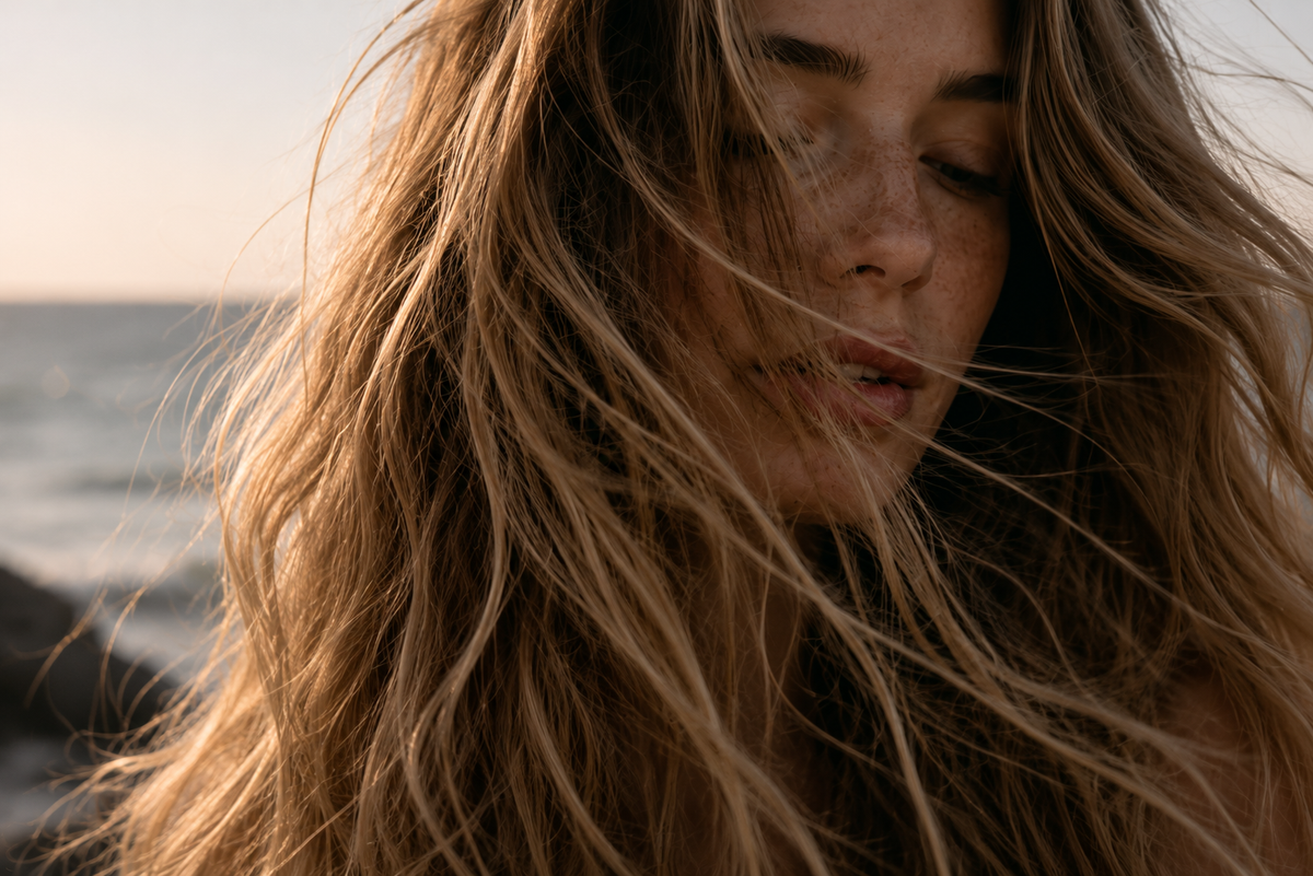 Woman with long windblown hair outside by the water
